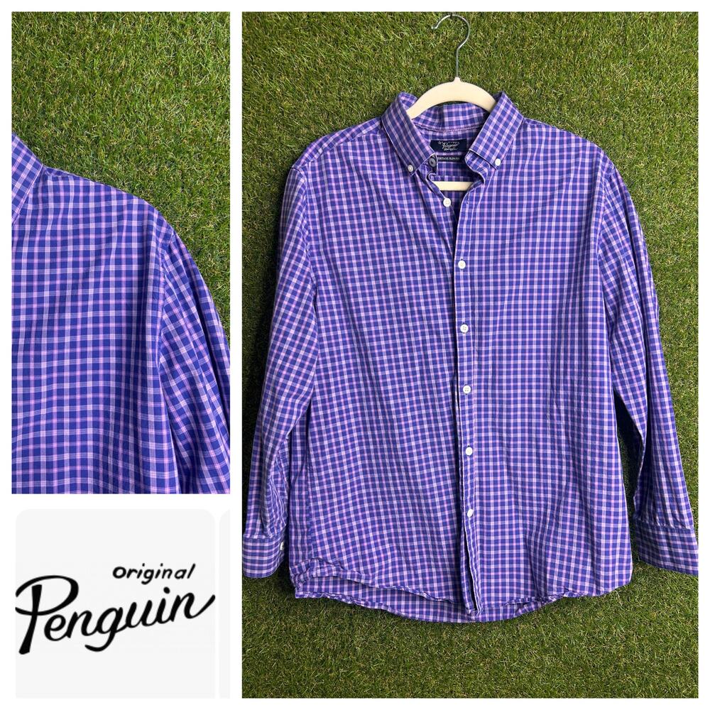 Penguin Heritage Slim Fit Purple Plaid Button Down Shirt Size‎ 16.5/32-33